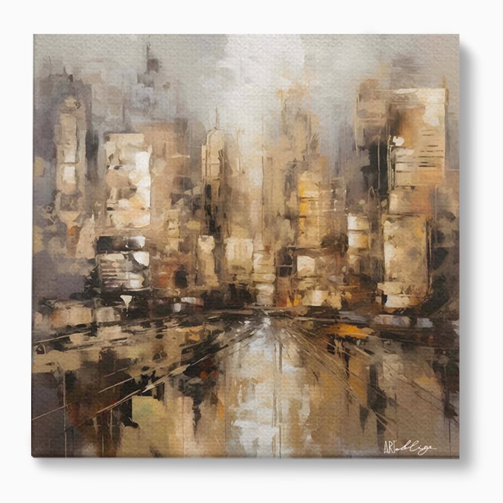Tablou canvas cu pictura abstracta cu zgarie-nori si reflexii, fara rama, pe sasiu de lemn